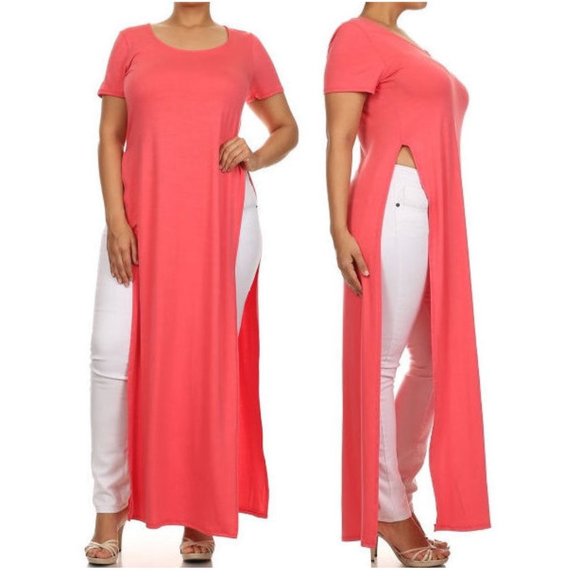 Tops - Plus Coral Side Slit Long Maxi T Shirt Tunic Top